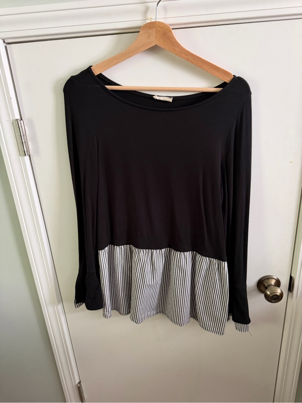 Les Amis Black Long Sleeve Top with Striped Peplum Hem Small